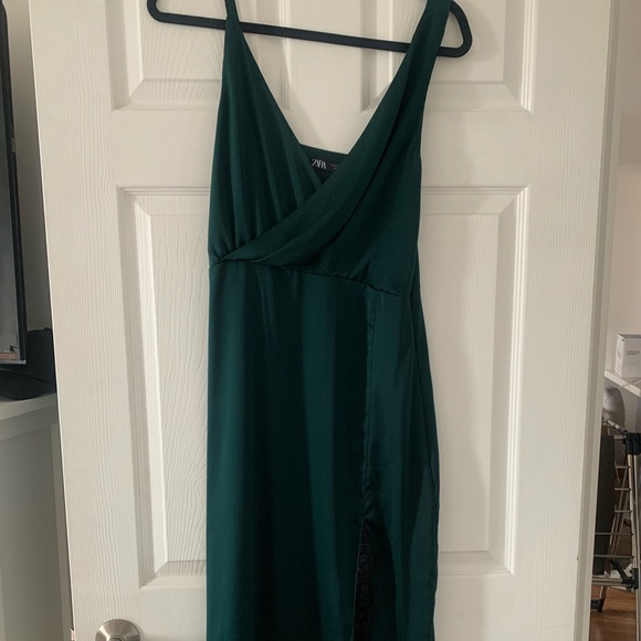 Zara. Forest green midi dress with asymmetrical straps and lace detail at bottom - Picture 1 of 1